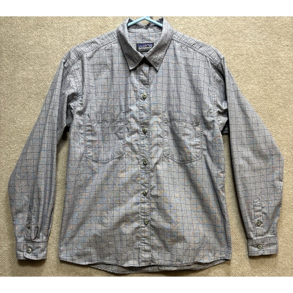 Patagonia Women's Shirt Medium Blue Gray Plaid Button Up Long Sleeve Collared